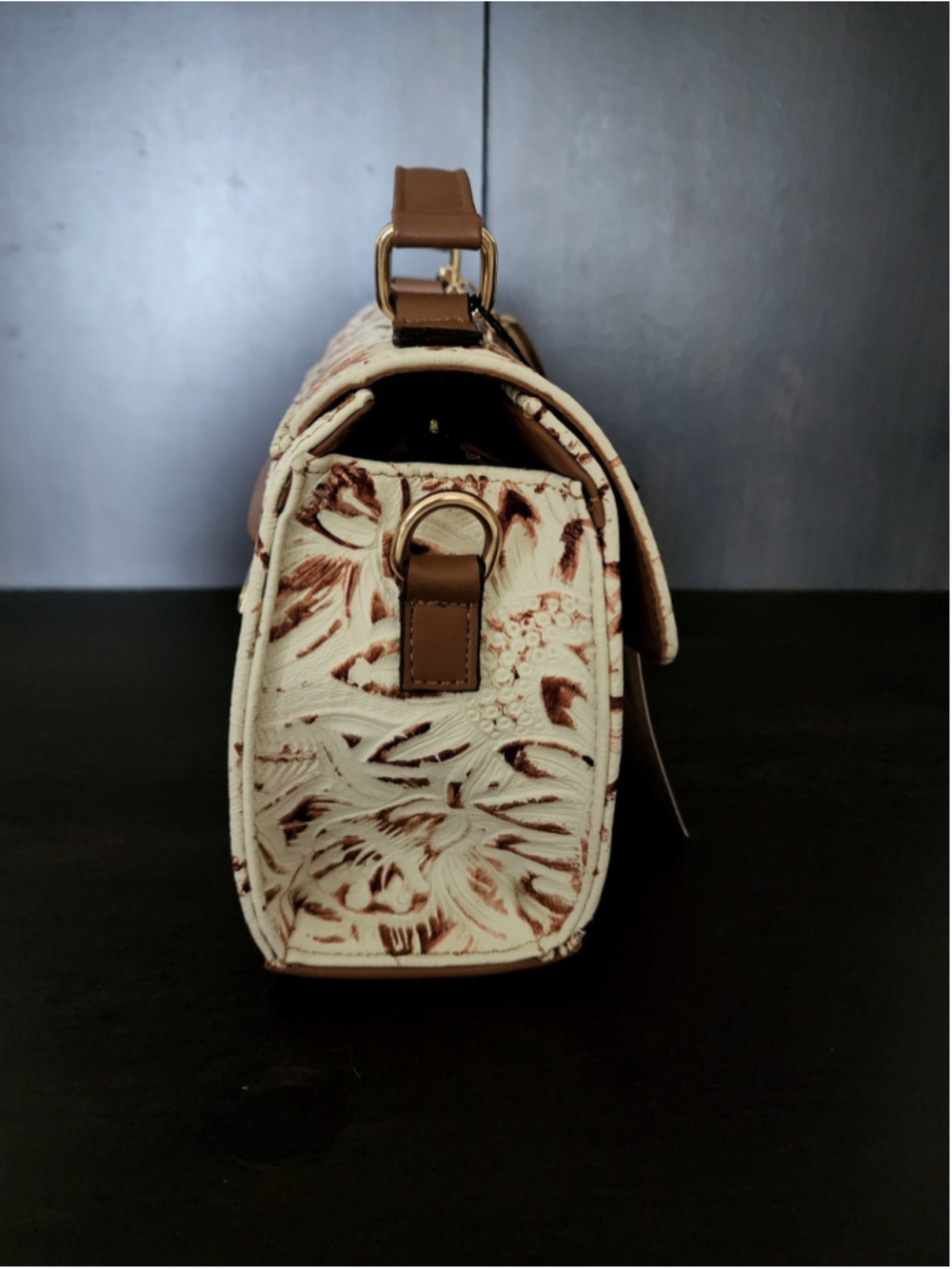 White Bronze Brown Sunflower Embossed Tooled Artisan Leather Crossbody Purse - Picture 6 of 16